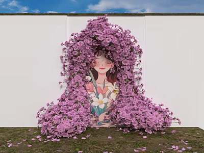 Unique Photo Check In Spot Featuring Purple Flowers Around Girl Illustration On White Wall 3d model