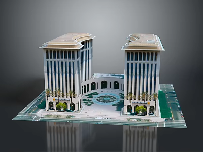 Modern Symmetrical Twin High Rise Buildings With Central Circular Plaza And Green Plants 3d model