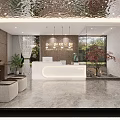 Elegant Modern Lobby Area With White Reception Desk Mirrored Ceiling Pendant Lights And Marble Flooring