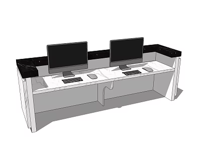 Modern Reception Desk with Two Monitors Keyboards and Mice on Black Edge Countertop 3d model