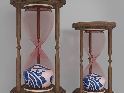 Elegant Decorative Ornament Set With Wooden Frame Pink Glass And Blue White Patterned Base 3d model