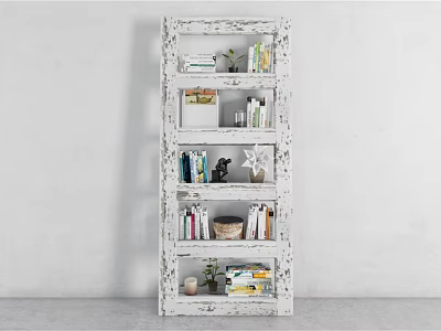 Vintage White Bookshelf Interior Display With Books Decorative Items Small Plant And Basket 3d model