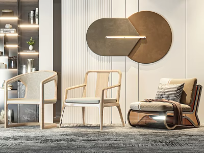 Modern Leisure Chairs With Wooden Frames Fabric Upholstery And Circular Wall Art In Living Room 3d model