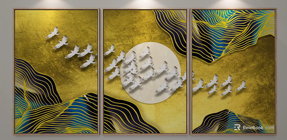 Modern Luxury Decorative Painting With Golden Waves Flying Birds And Moon 3d model 