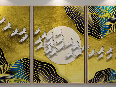 Modern Luxury Decorative Painting With Golden Waves Flying Birds And Moon 3d model