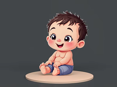 Cute Smiling Baby With Brown Hair Sitting On Round Platform In Blue Shorts 3d model