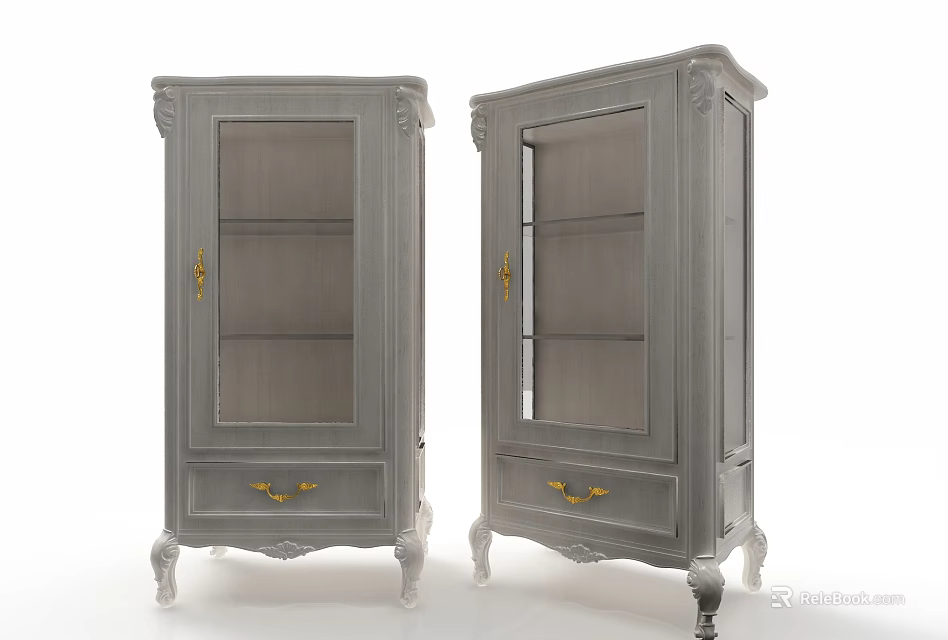 Two Elegant Gray Display Cabinets With Glass Doors Gold Accents Drawers And Legs 3d model 