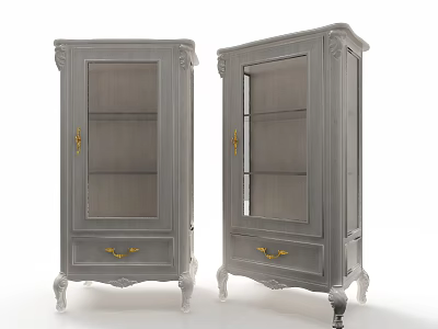 Two Elegant Gray Display Cabinets With Glass Doors Gold Accents Drawers And Legs 3d model