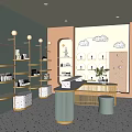 Modern Store Interior With Shelves Of Products Counter Plant And Cloud Wall Decor