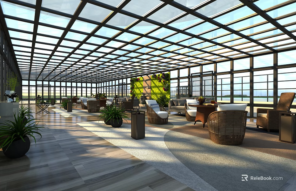 Indoor Garden Landscape With Glass Roof Wooden Flooring Living Plant Wall And Rattan Furniture 3d model 