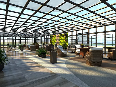 Indoor Garden Landscape With Glass Roof Wooden Flooring Living Plant Wall And Rattan Furniture 3d model