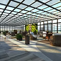 Indoor Garden Landscape With Glass Roof Wooden Flooring Living Plant Wall And Rattan Furniture