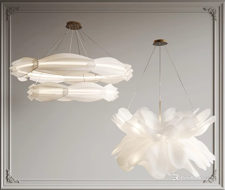 Elegant White Flower Shaped Hanging Chandeliers With Delicate Modern Interior Design 3d model 