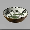 White Decorative Bowl With Green Bird Leaf And Black Geometric Patterns