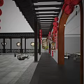 Traditional Chinese Courtyard With Red Lanterns Wooden Archway Calligraphy Scroll And Yellow Flowers