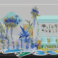 Floral Display Design With Blue Yellow Flowers Geometric Wall Decor And Shelf Vases
