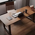 Functional Home Workspace With Wooden Desk Laptop Tablet Mouse Mug Tissue Box And Chair