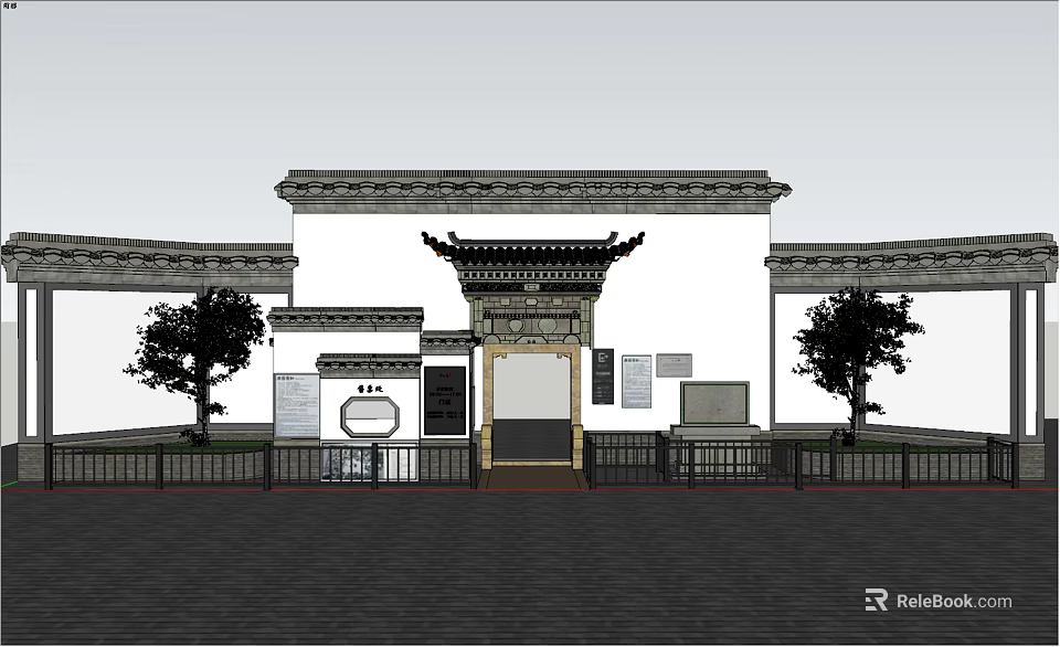 Traditional Chinese Entrance Gate With Classic Eaves Carvings White Walls Front Trees And Fencing 3d model 