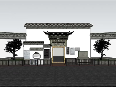 Traditional Chinese Entrance Gate With Classic Eaves Carvings White Walls Front Trees And Fencing 3d model