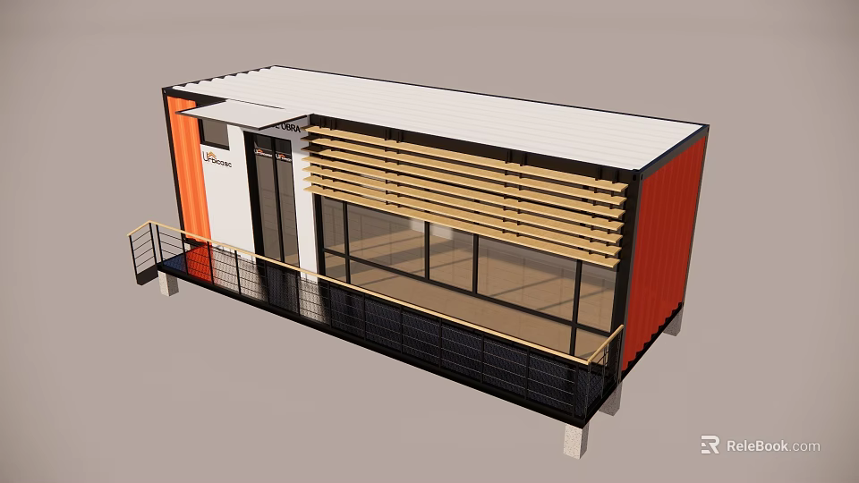 Modern Container Building Design With Large Glass Windows Wooden Louvers And Balcony 3d model 