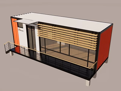 Modern Container Building Design With Large Glass Windows Wooden Louvers And Balcony 3d model