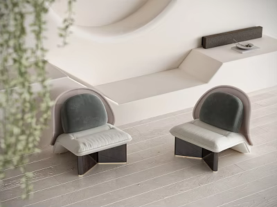 Modern Accent Chairs With Gray Beige Upholstery Geometric Dark Legs In Minimalist Interior With Greenery 3d model