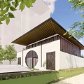 Modern Sales Office Building With Wooden Roof Perforated Wall And Glass Doors