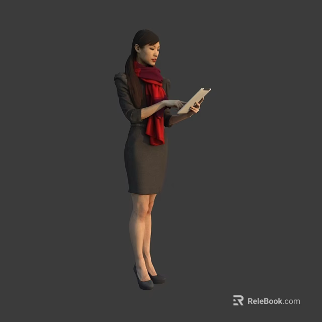 Elegant Businesswoman Standing In Grey Dress Using Tablet With Red Scarf 3d model 