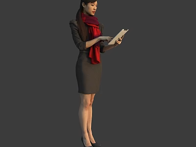 Elegant Businesswoman Standing In Grey Dress Using Tablet With Red Scarf 3d model