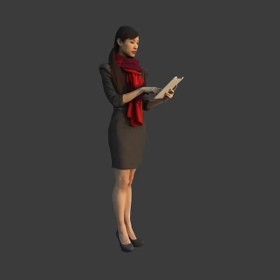 Elegant Businesswoman Standing In Grey Dress Using Tablet With Red Scarf 3d model