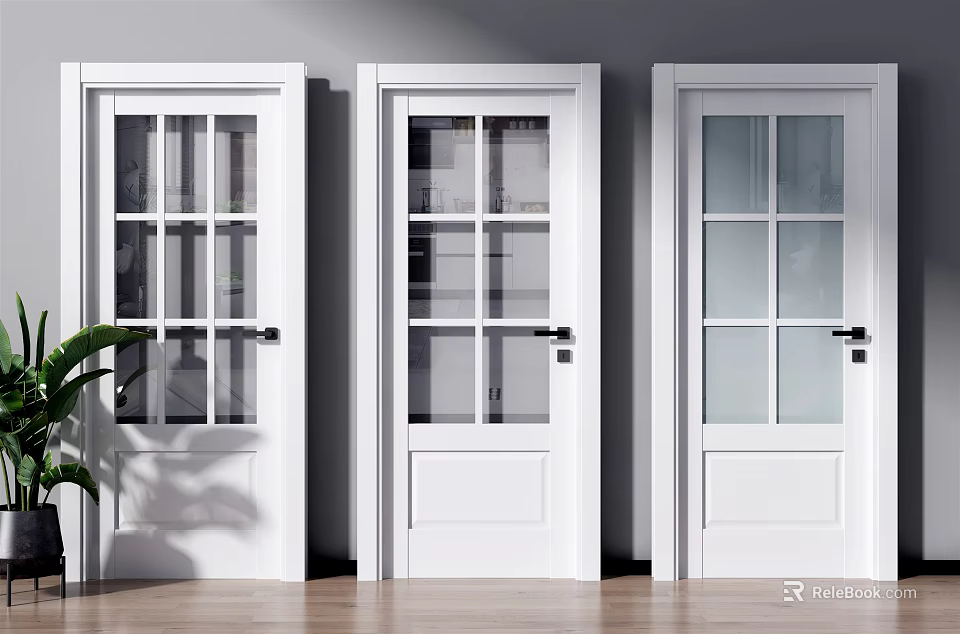 Modern White Hinged Doors with Glass Panes in Home Interior Wooden Floor 3d model 