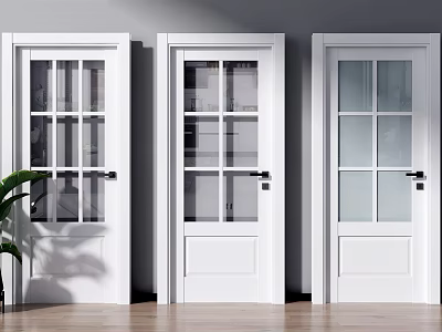 Modern White Hinged Doors with Glass Panes in Home Interior Wooden Floor 3d model