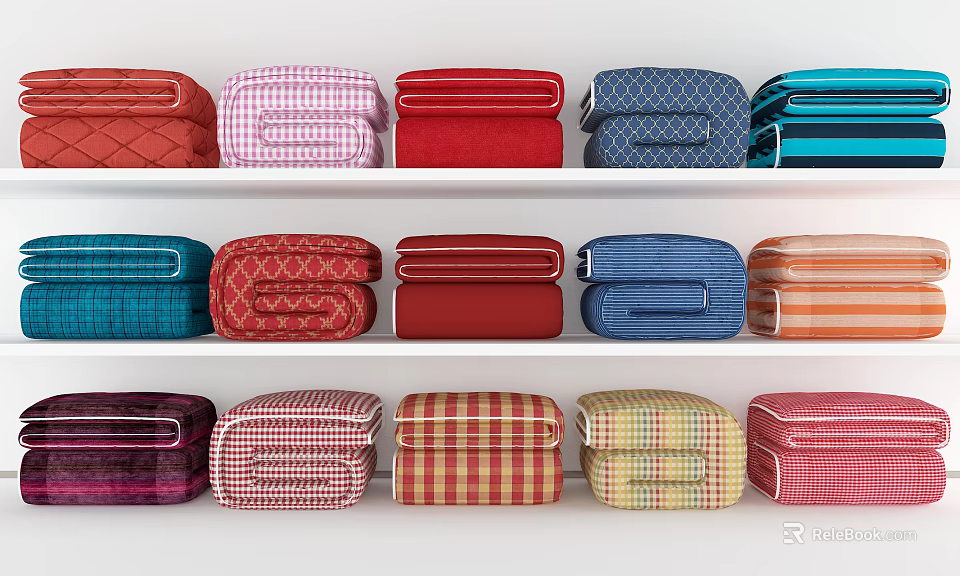 Colorful Fabric Bags Neatly Arranged On White Shelves With Various Patterns 3d model 