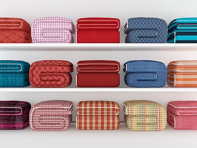 Colorful Fabric Bags Neatly Arranged On White Shelves With Various Patterns 3d model