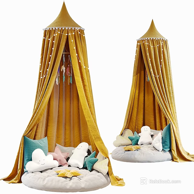 Cozy Yellow Canopy Kids Bed with Plush Toys and Colorful Cushions 3d model 