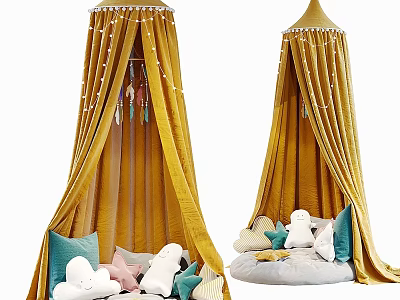 Cozy Yellow Canopy Kids Bed with Plush Toys and Colorful Cushions 3d model