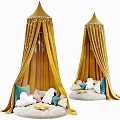 Cozy Yellow Canopy Kids Bed with Plush Toys and Colorful Cushions
