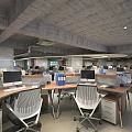 Modern Public Office Space Interior With Open Layout Desks Computers Concrete Ceiling And Lighting Strips 3d model