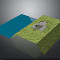 Green Grass Lawn With Small House Model And Adjacent Blue Patch 3d model