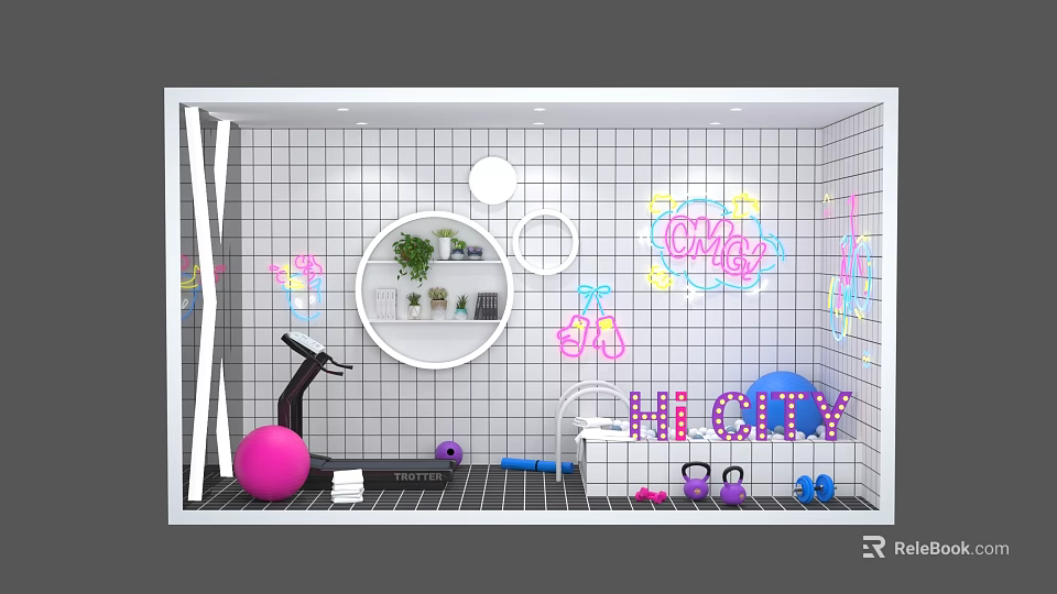 Vibrant Indoor Fitness Space With White Grid Wall Colorful Graffiti And Exercise Equipment 3d model 