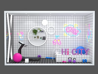 Vibrant Indoor Fitness Space With White Grid Wall Colorful Graffiti And Exercise Equipment 3d model