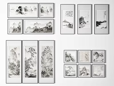 Traditional Chinese Ink Landscape Paintings In Multiple Frames As Wall Decor 3d model