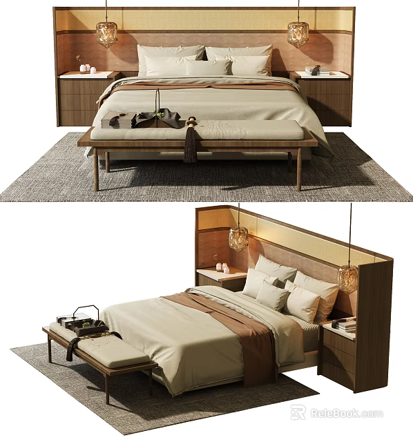 Modern Double Bed Design With Wooden Frame Bedside Tables And Linen Bedding 3d model 