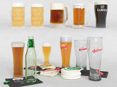 Various Beer Bottles and Foamy Glasses with Coasters and Napkins on Table 3d model