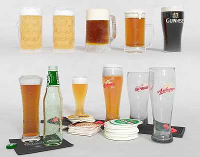 Various Beer Bottles and Foamy Glasses with Coasters and Napkins on Table 3d model