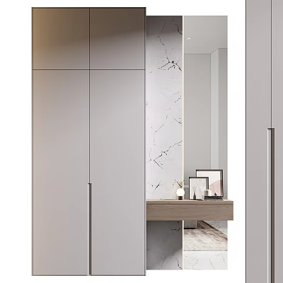 Modern Light Gray Wardrobe Design With Full Length Mirror And Dresser Top Photo Frames 3d model
