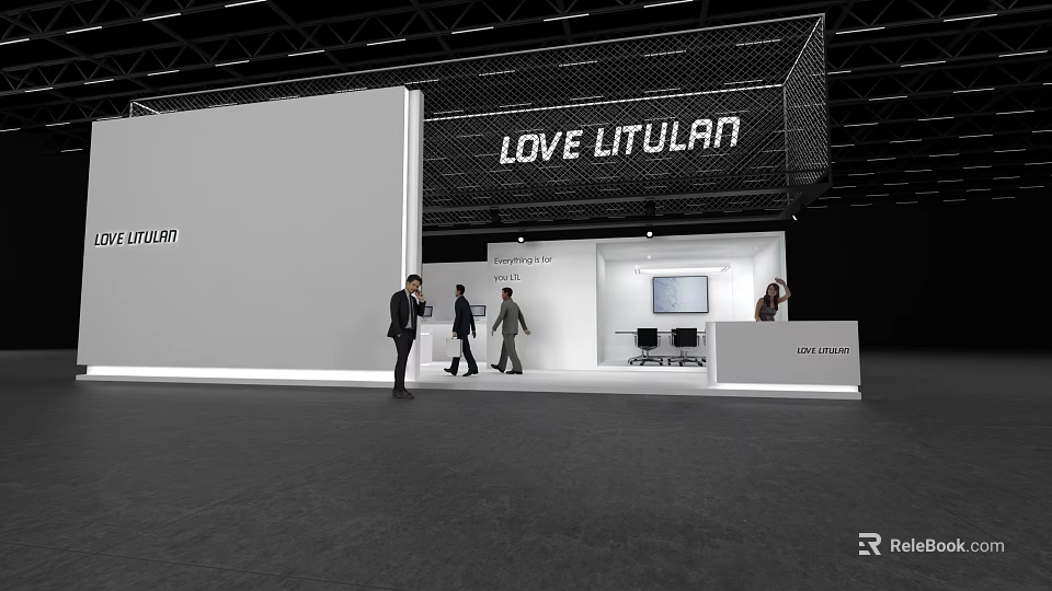 LOVE LITULAN Modern White Exhibition Booth With Entrance Reception Desk Screen And People 3d model 