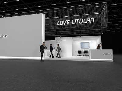 LOVE LITULAN Modern White Exhibition Booth With Entrance Reception Desk Screen And People 3d model
