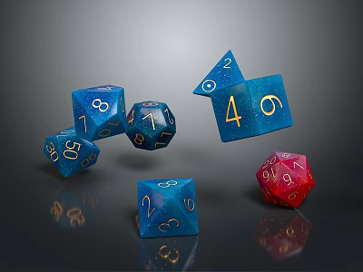 Colorful Shiny Numbered Dice In Blue And Red For Game Accessories 3d model