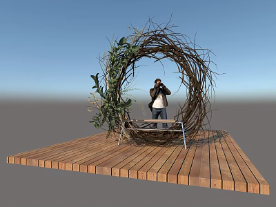 Nest Shaped Outdoor Garden Ornament With Wooden Platform Bench And Green Vines Decoration 3d model